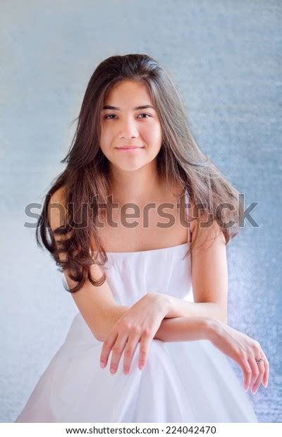 Beautiful Biracial Teen Girl White Dress Stock Photo 224042470