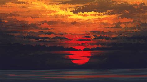 Sunset Horizon Landscape Art 4k 2564
