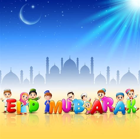 Premium Vector Happy Cartoon Kid Celebrate Eid Mubarak