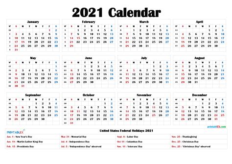 Federal Holidays 2021 Calendar Printable 2021 Federal Holidays