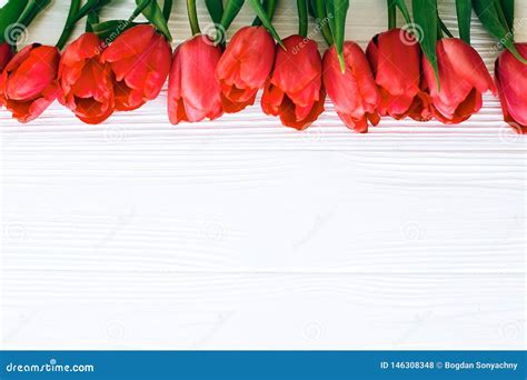 Beautiful Red Tulips On White Wooden Background Flat Lay Happy Mothers