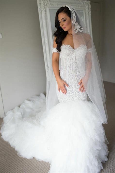lace off the shoulder corset mermaid wedding gown with ruffled tulle s loveangeldress