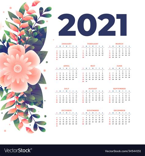 2021 New Year Calendar Template With Flower Vector Image