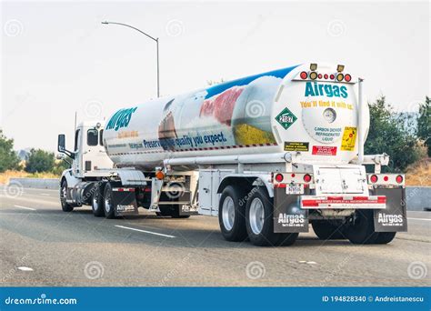 Aug 22, 2020 Fremont / CA / USA - Airgas Tanker Travelling on the