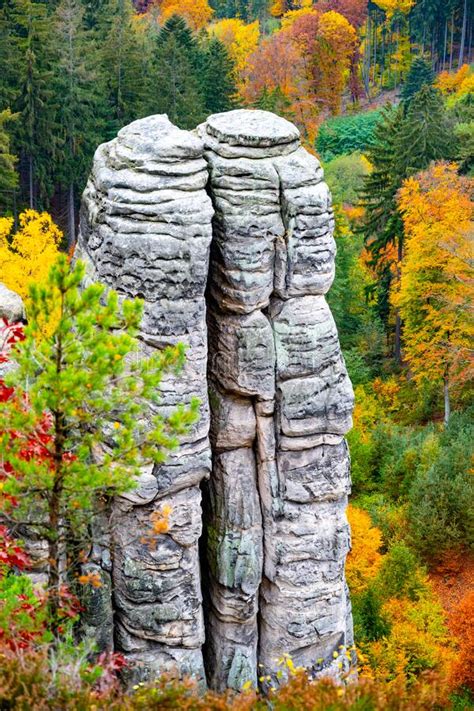 Sandstone Rock Formation In Vibrant Autumn Forest Stock Image Image