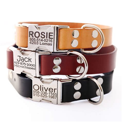 Personalized Engraved Leather Dog Collar Metal Brass Buckle