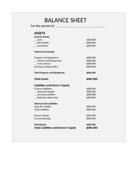 Printable Balance Sheet Template