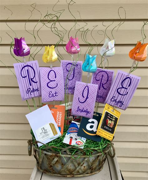 Finally, one gets to take a break from active work life and starts enjoying a beautiful carefree life. Retirement gift basket with gift cards: Relax, Eat, Travel ...