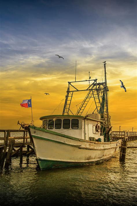 Fishing Boat At Sunrise Flying The Texas Flag In The Harbor At A
