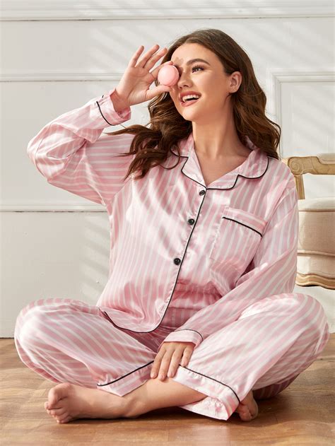 Plus Vertical Striped Contrast Piping Satin Pj Set