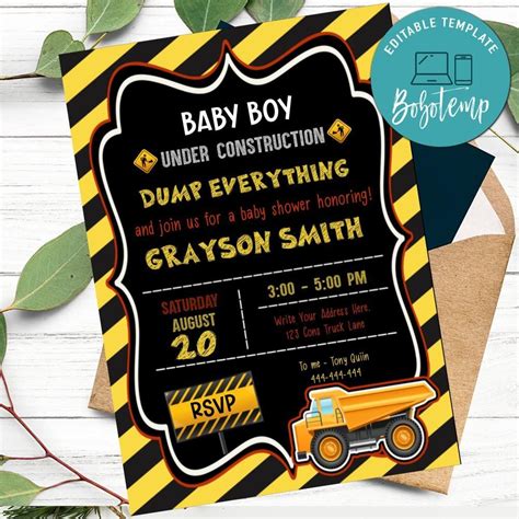 Under Construction Baby Shower Invitation To Print At Home Diy Bobotemp