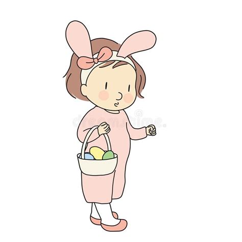 Vector Illustration Of Funny Kid Wearing Bunny Ears Carrying Basket