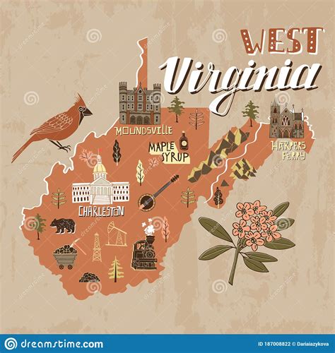 Illustrated Map Of West Virginia State Usa Stock Vector