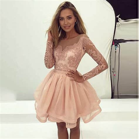 Fashion Blush Pink Long Sleeves Lace Appliques Pleated Puffy Organza