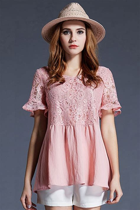 Unomatch Women Short Sleeves Plus Size Lace Shirt And Blouse Pink Product Code Uwsb792 ☏ For