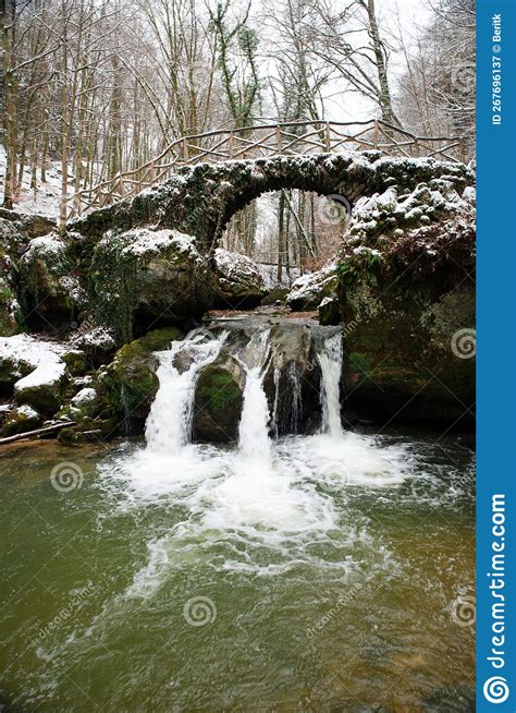 Scheissendempel Waterfall River Black Ernz With Stone Bridge Covered