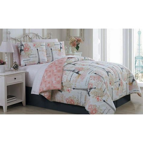 Paris Eiffel Tower Pink And Grey Flowers Queen Comforter Set 8 Piece Bed