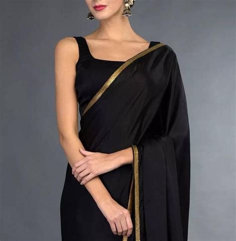 Designer Black Saree With Gold Border And Blouse Pure Silk Crepe Saree