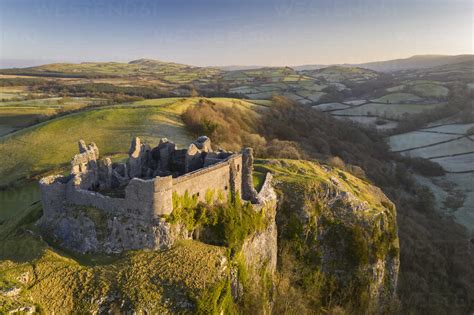 Aerial Vista By Drone Of Carreg Cennen Castle Brecon Beacons National