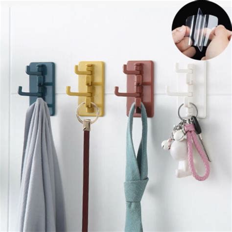 4 Hook Self Adhesive Wall Hooks Clear Strong Sticky Heavy Removable