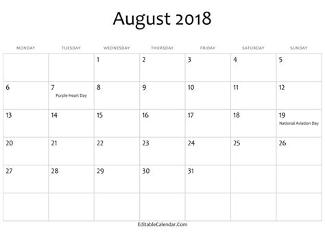 August 2018 Monthly Calendar With Holidays August Calendar Calendar