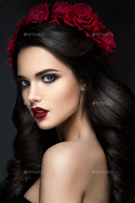Beauty Fashion Model Girl Portrait With Roses Hairstyle