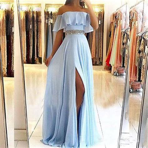 Light Sky Blue Gorgeous A Line Long Prom Dresses Beading Belt Formal