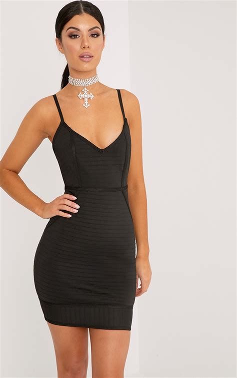 Emily Black Strappy Bandage Bodycon Dress Prettylittlething Usa