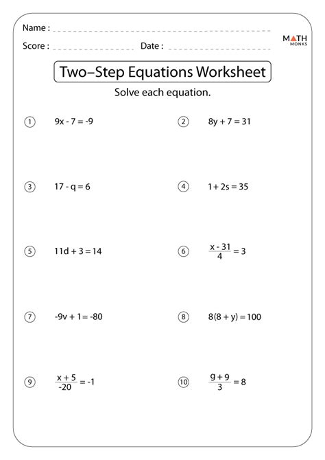 Solving Two Step Equations With Whole Numbers Worksheet