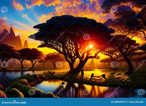 Serene and Captivating Landscape with the Sun Setting among a Backdrop