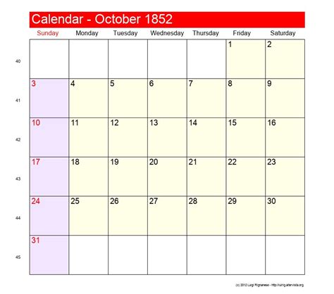 October 1852 Roman Catholic Saints Calendar