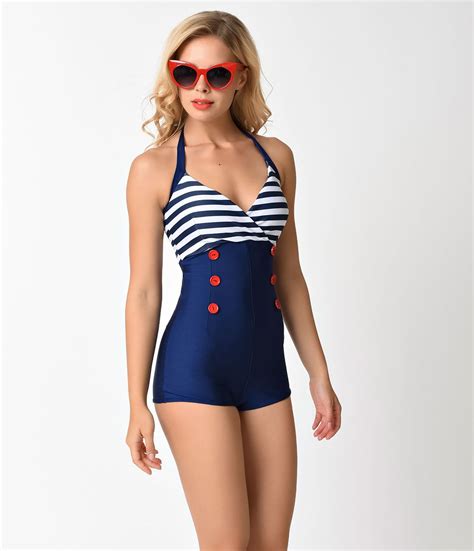 Vintage Inspired Retro Swimsuits Vintage Style Navy White Nautical Stripe Halter Romper Swimsuit