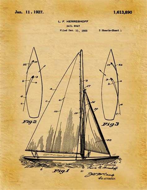 1927 Sailboat Patent Print Sailboat Poster Boat Print Nautical