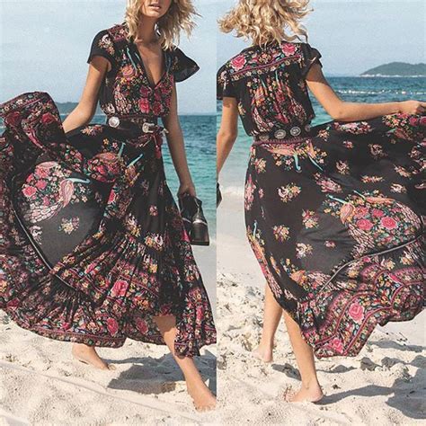 Women Summer Dress Robe Vintage Boho Long Maxi Dresses V Neck Short Sleeve Party Floral