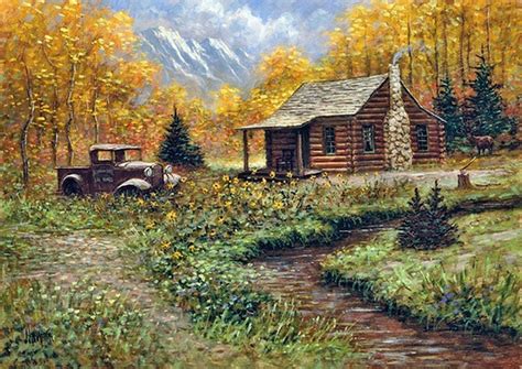 Autumn Cabin Art Mountain Paintings Barn Painting