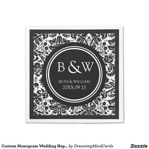 Custom Monogram Wedding Napkin Black White Damask Custom