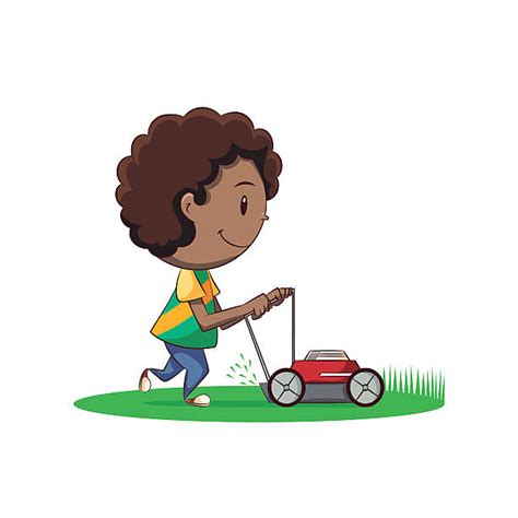 Black Kid Mowing Lawn Illustrations Royalty Free Vector Graphics