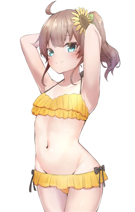 safebooru 1girl ahoge aqua eyes armpits arms behind head arms up bangs bikini black bow blush