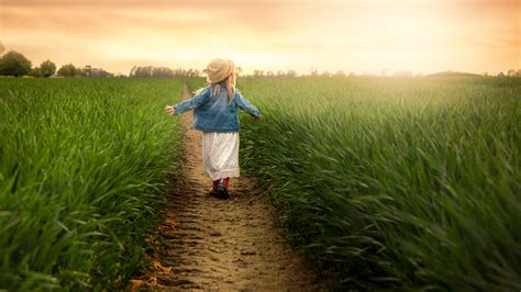 Download Wallpaper Child In The Green Field At Sunset 2560x1440