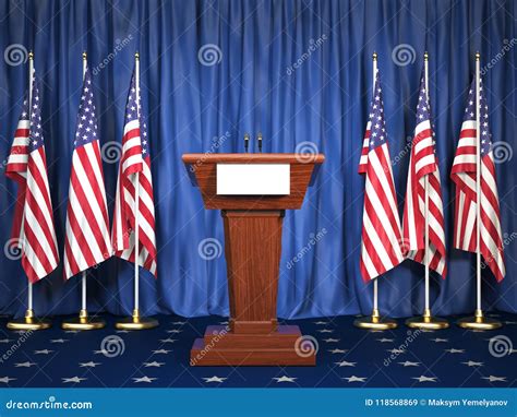 Podium Speaker Tribune With Usa Flags Briefing Of President Of Stock