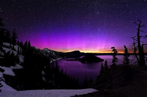 Aurora Borealis Over Crater Lake Or Northern Lights Photography