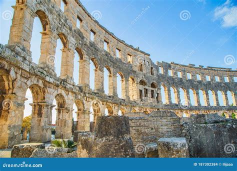 Pula Istria Croatia Arches Of Monumental Ancient Roman Arena Stock