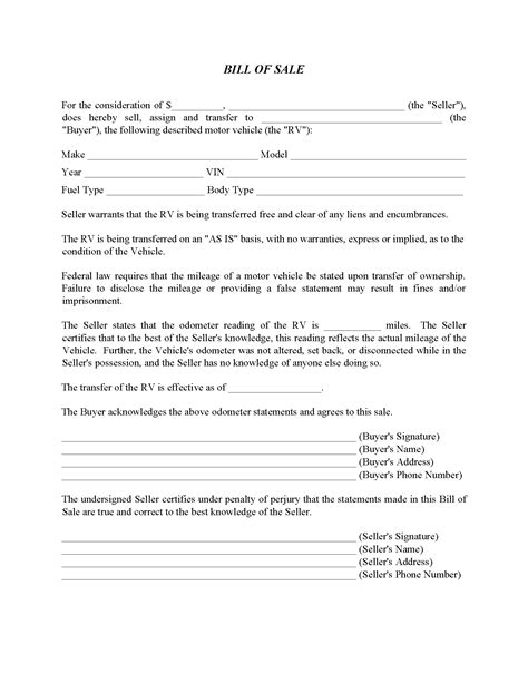 Maryland Rv Bill Of Sale Form Free Printable Legal Forms