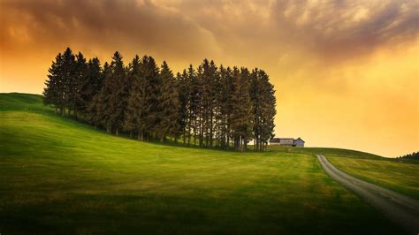 Nature Landscape Trees Hill Clouds Grass Field House Road