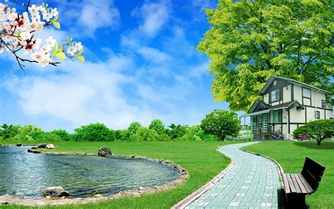 2560x1080 Resolution House By The Pond And Trees Hd Wallpaper