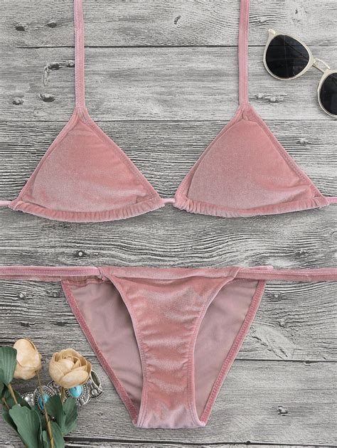 [15 Off] 2021 Halter Velvet Thong Bikini Set In Pink Zaful