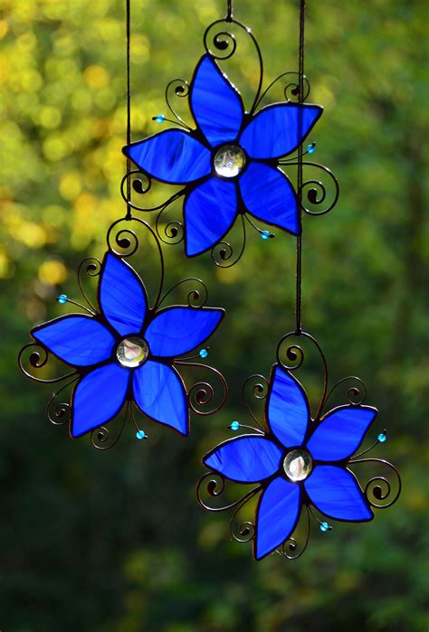 Stained Glass Window Hangings Blue Flower Sun Catcher Glass Flower