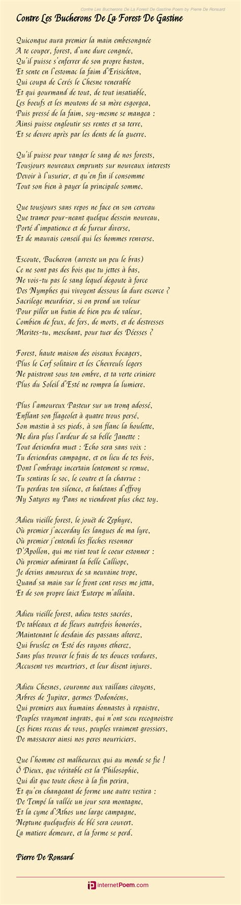 Contre Les Bucherons De La Forest De Gastine Poem By Pierre De Ronsard