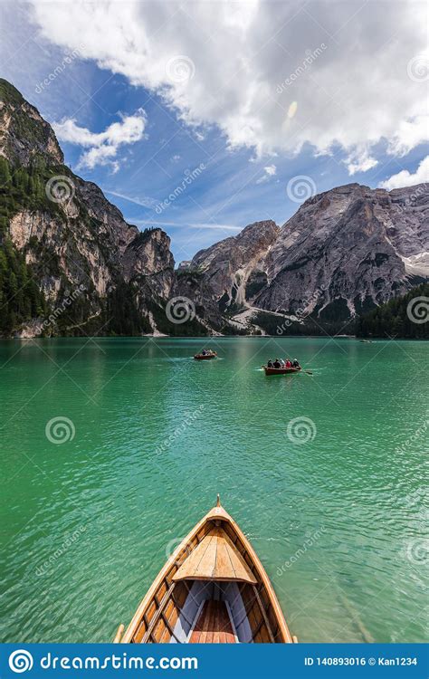 Amazing View Of Turquoise Lago Di Braies Lake Or Pragser Wildsee In