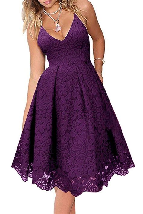 Purple Floral V Neck A Line Backless Lace Cocktail Dress Classy Dress